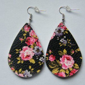 Black Floral Teardrop Earrings Faux Leather
